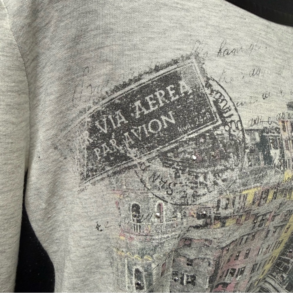 Cato Cream Black Graphic Top XL Paris City Print Rhinestone Long Sleeve - Picture 4 of 12